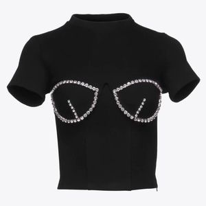 AREA Black Short Sleeve Tee with Crystal Bust Detail